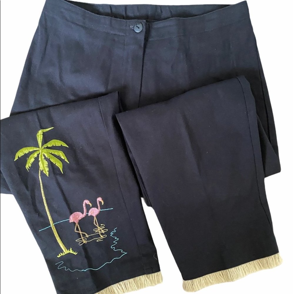 VTG High Waisted Capri Pants Embroidered Jute Fringe Hem Retro Statement Trouser